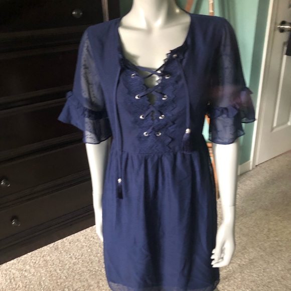 Laundry by Shelly Segal navy dress with tie neckline and shear sleeves - Picture 3 of 12